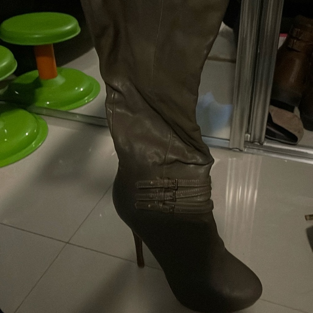 Grey knee high boots